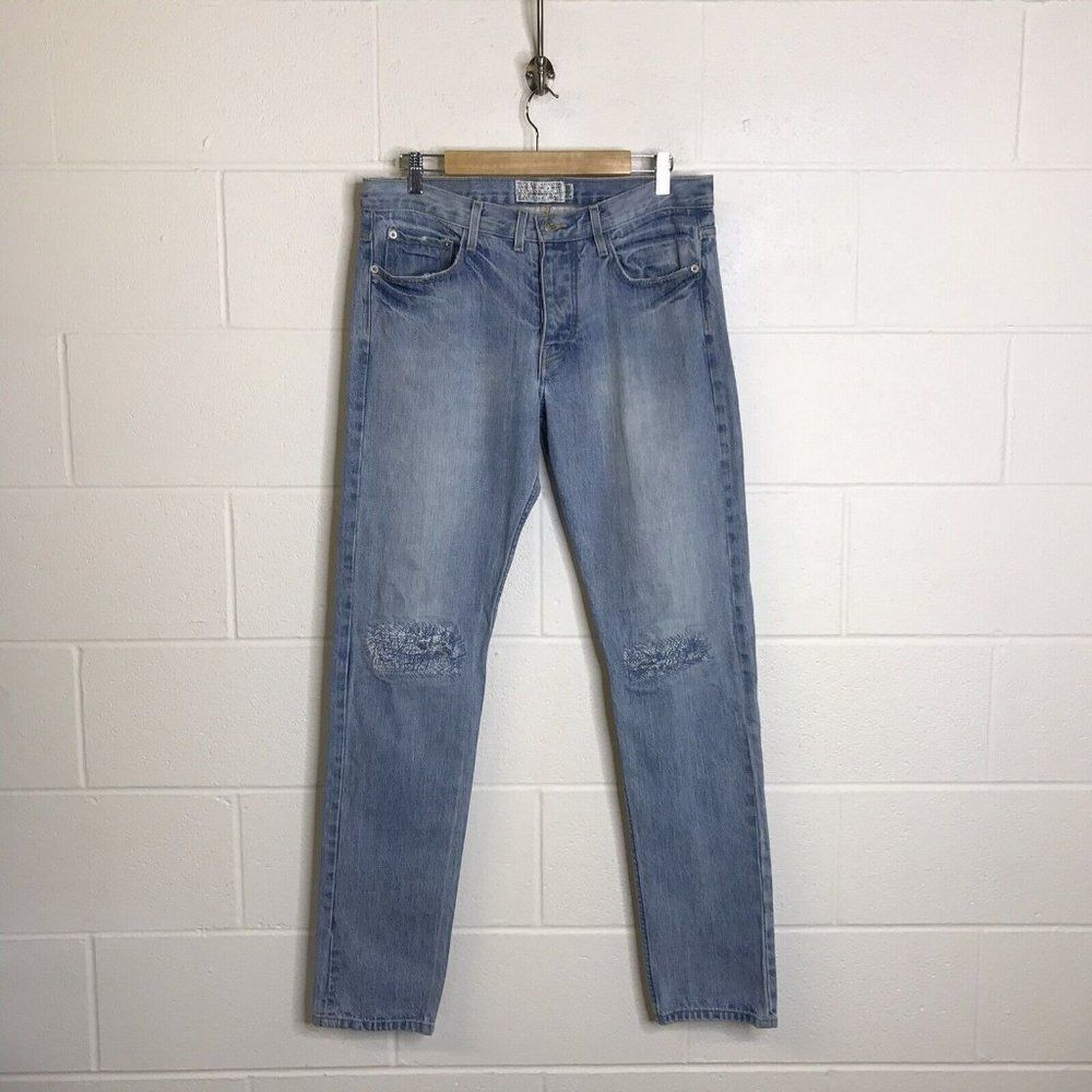 SHIPLEY & HALMOS Mens Jean Hopper Button Fly Denim Distressed Knees Sz 34x33.5